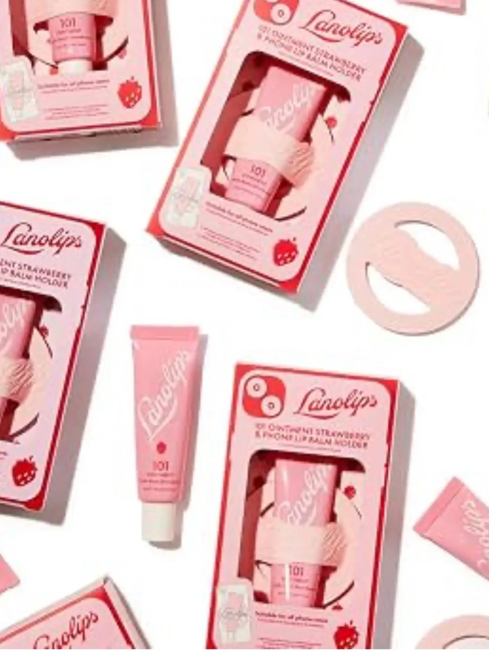 Lanolips Strawberry 101 Ointment & Phone Lip Balm Holder Lipgloss Pink NEW NWT